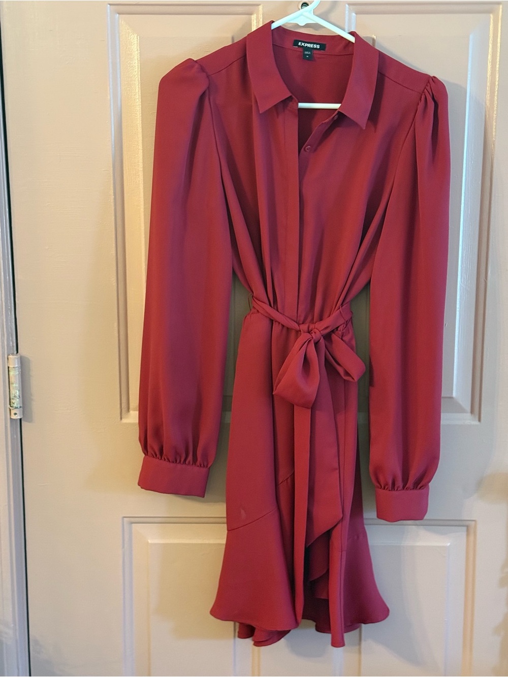 Express Portofino Dress- Red Long-Sleeve Tie-Waist Ruffle hem